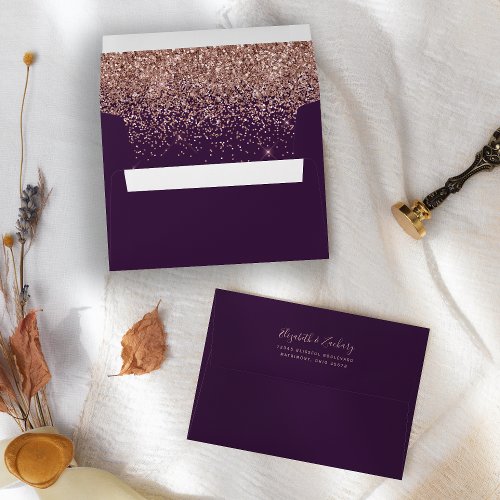 Modern Rose Gold Glitter Dark Purple Wedding Envelope