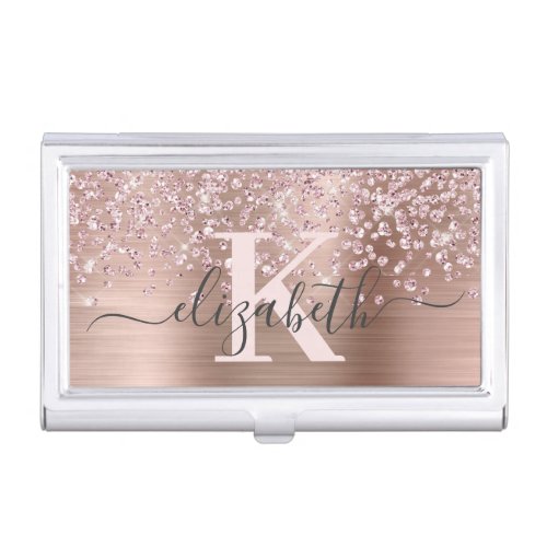 Modern Rose Gold Glitter Diamond Monogram  Business Card Case