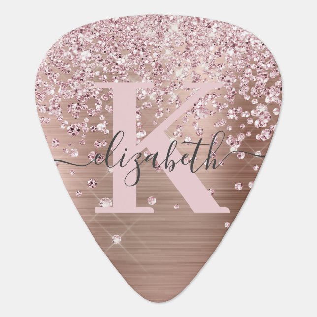 Modern Rose Gold Glitter Diamond Monogram  Guitar  Pick (Front)