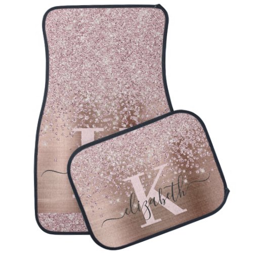 Modern Rose Gold Glitter Diamond Monogram Script Car Floor Mat