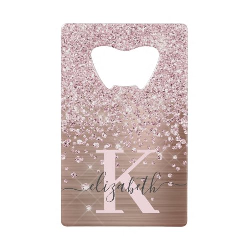 Modern Rose Gold Glitter Diamond Monogram Script Credit Card Bottle Opener