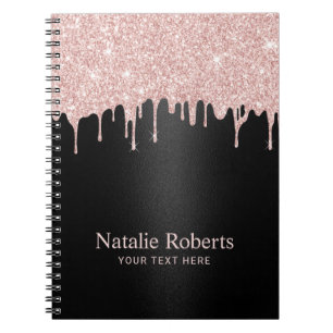 Modern Rose Gold Glitter Drips Black Beauty Salon Notebook