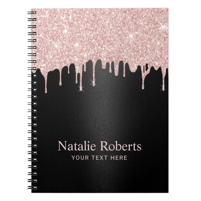 Modern Rose Gold Glitter Drips Black Beauty Salon Notebook (Front)