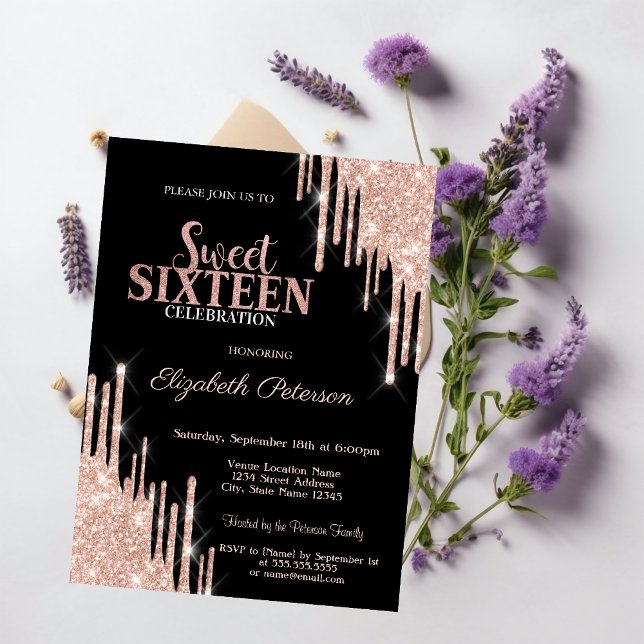 Modern Rose Gold Glitter Drips Black Sweet 16 Invitation (Creator Uploaded)