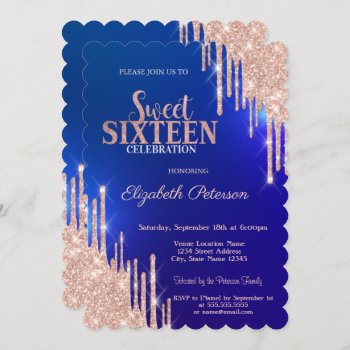 Modern Rose Gold Glitter Drips Blue Sweet 16 Invitation by Biglibigli at Zazzle