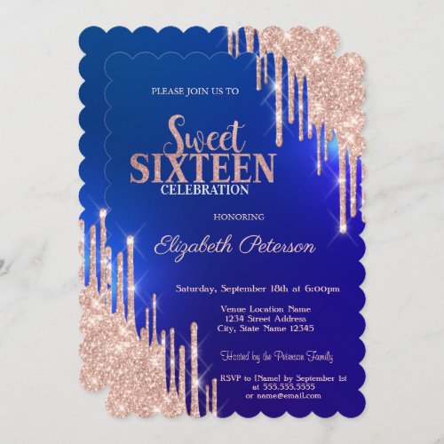 Modern Rose Gold Glitter Drips Blue Sweet 16 Invitation