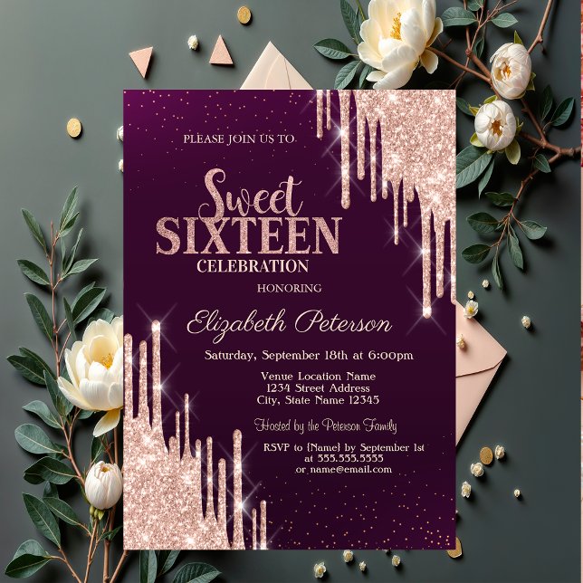 Modern Rose Gold Glitter Drips Burgundy Sweet 16 Invitation (Creator Uploaded)