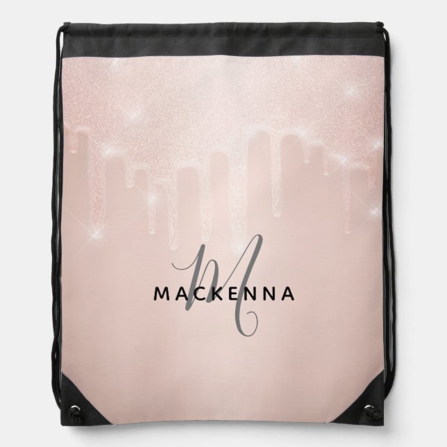 Modern Rose Gold Glitter Drips Chic Girly Monogram Drawstring Bag (Front)