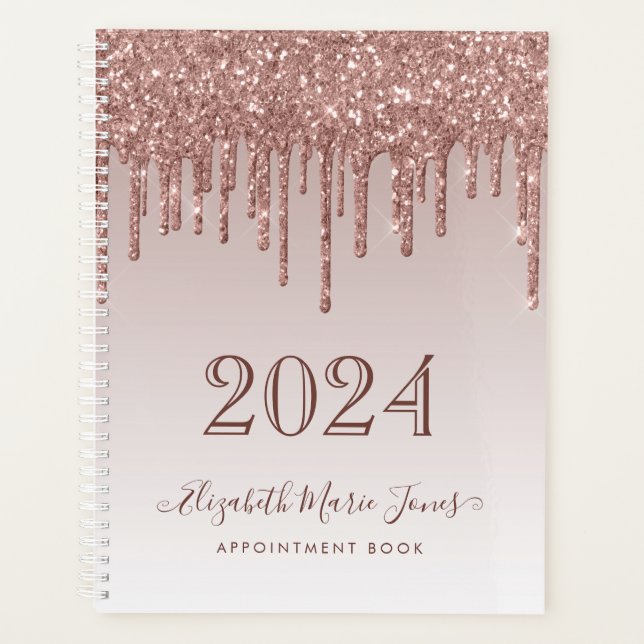 Modern Rose Gold Glitter Drips Elegant Script Year Planner (Front)