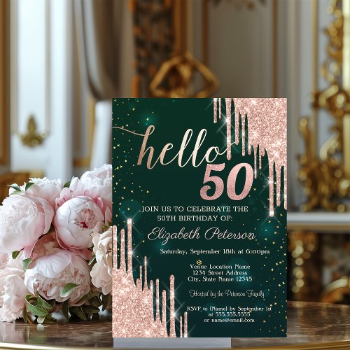 Modern Rose Gold Glitter Drips Green 50th Birthday Invitation