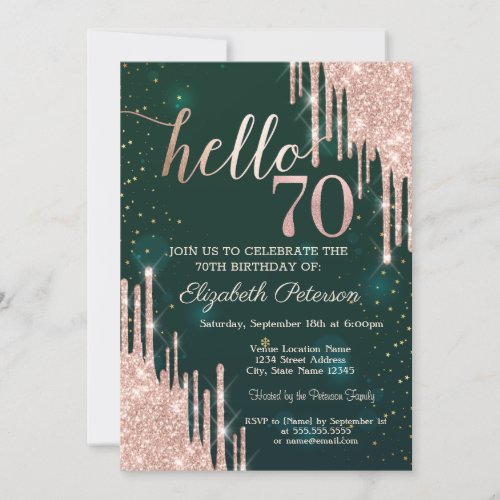 Modern Rose Gold Glitter Drips Green 70th Birthday Invitation