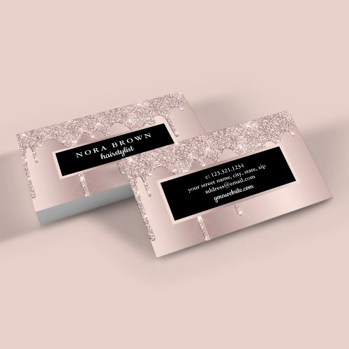 Modern rose gold glitter drips hairstylist business card