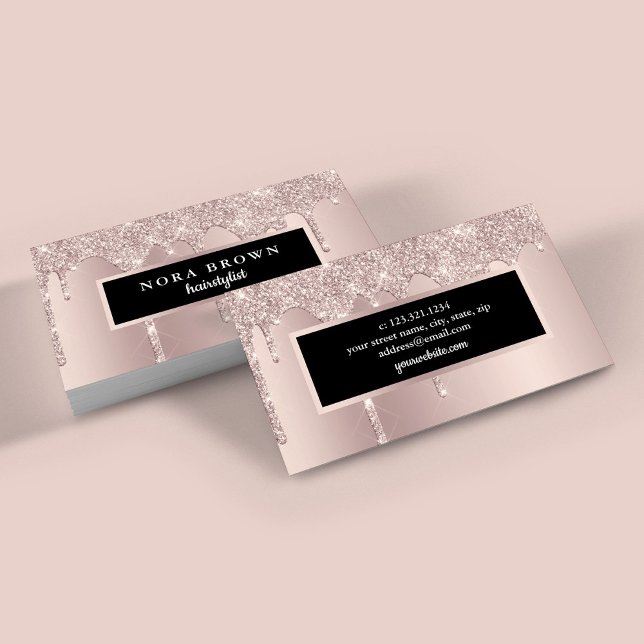 Modern rose gold glitter drips hairstylist business card (Creator Uploaded)