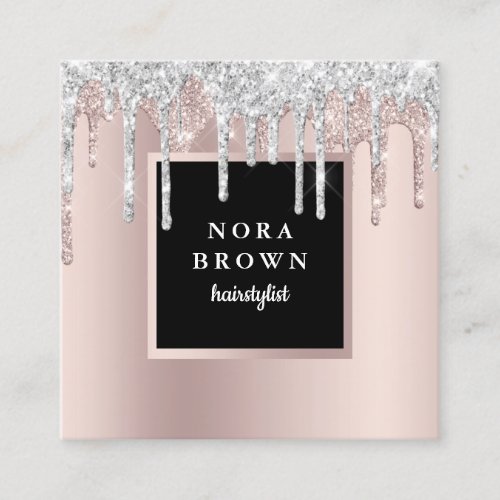 Modern rose gold glitter drips hairstylist  square square business card