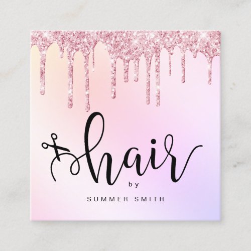 Modern rose gold glitter drips holographic hair square business card