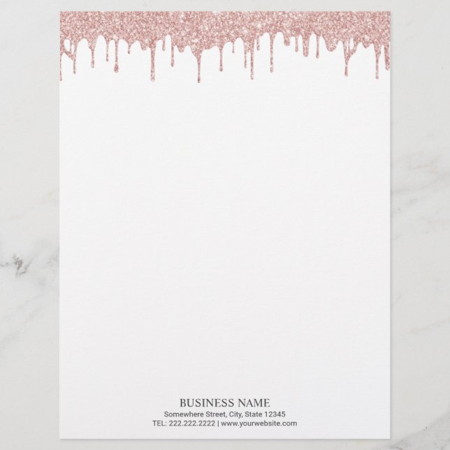 Modern Rose Gold Glitter Drips Letterhead (Front)