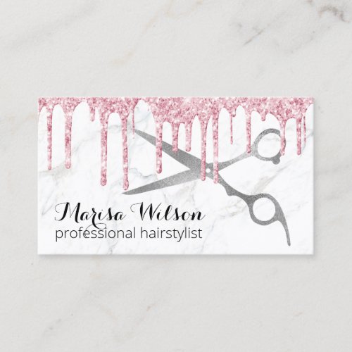 Modern rose gold glitter drips marble hairstylist  business card