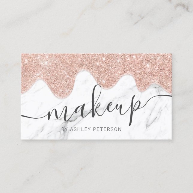 Modern rose gold glitter drips marble makeup business card (Front)