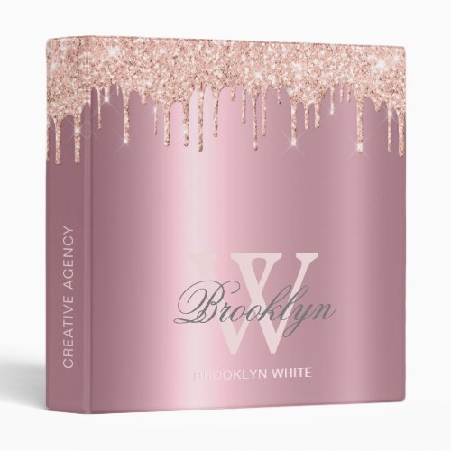 Modern Rose Gold Glitter Drips Monogrammed Office 3 Ring Binder