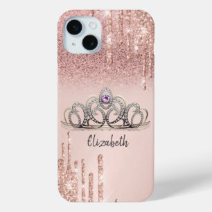 Modern Rose Gold Glitter Drips Ombre Tiara  iPhone 15 Plus Case