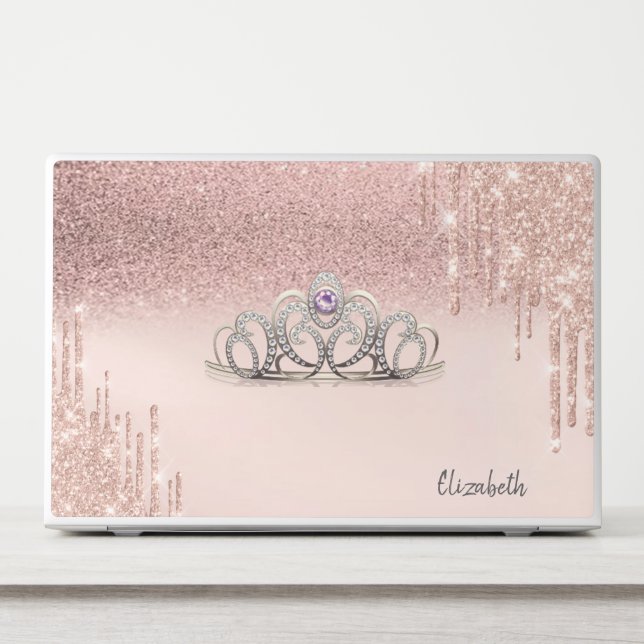 Modern Rose Gold Glitter Drips Ombre Tiara HP Laptop Skin (Front)