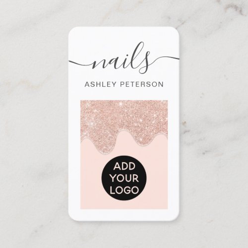 Modern rose gold glitter drips pink nails script business card