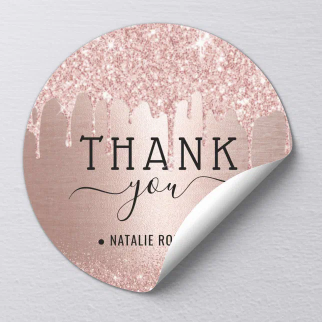 Modern Rose Gold Glitter Drips Thank You Classic Round Sticker | Zazzle