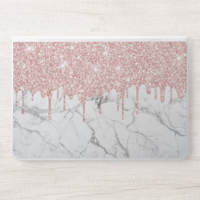 Modern Rose Gold Glitter Drips White Marble HP Laptop Skin (Front)