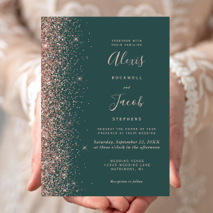 Modern Rose Gold Glitter Edge Dark Green Wedding Invitation