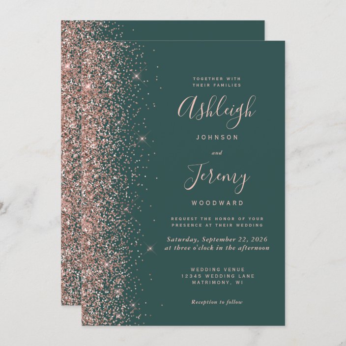 Modern Rose Gold Glitter Edge Dark Green Wedding Invitation | Zazzle.com