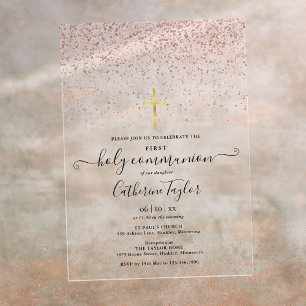 Modern Rose Gold Glitter First Holy Communion Acrylic Invitations