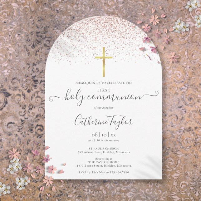 Modern Rose Gold Glitter First Holy Communion Invitation (Modern Rose Gold Glitter First Holy Communion Invitation)