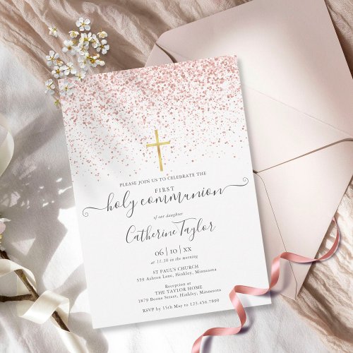 Modern Rose Gold Glitter First Holy Communion Invitation