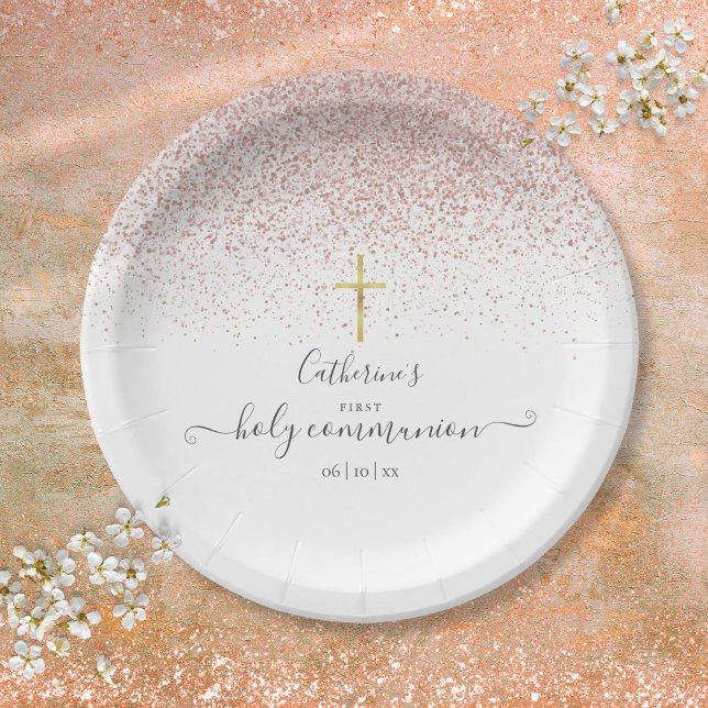 Modern Rose Gold Glitter First Holy Communion Paper Plates (Modern Rose Gold Glitter First Holy Communion Paper Plates)
