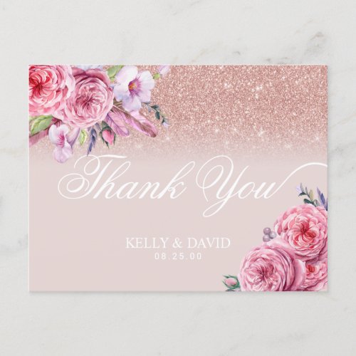 Modern Rose Gold Glitter Floral Wedding Thank You Postcard