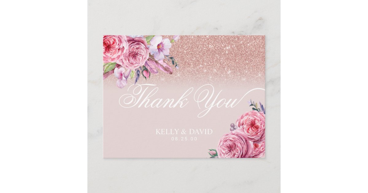 Modern Rose Gold Glitter Floral Wedding Thank You Postcard | Zazzle