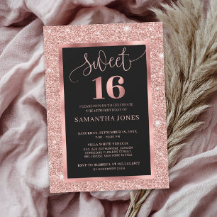 Modern rose gold glitter foil black sweet sixteen invitation