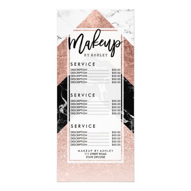 Modern rose gold glitter foil black white marble g rack card (Front)