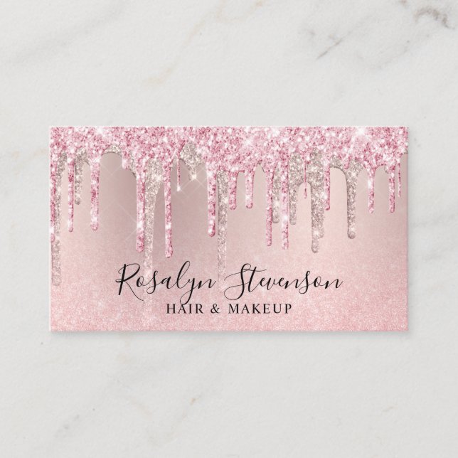 Modern rose gold glitter hair & makeup business card (Front)