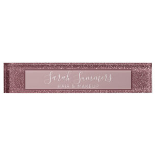 Modern Rose Gold Glitter Hair Salon Makeup Artist Desk Name Plate
