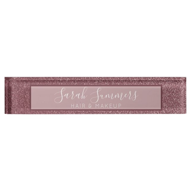Modern Rose Gold Glitter Hair Salon Makeup Artist Desk Name Plate (Front)