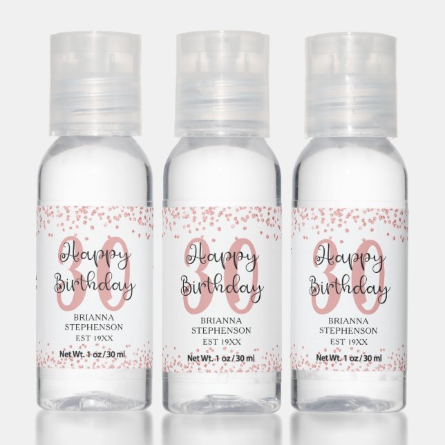 Modern Rose Gold Glitter HAPPY 30TH BIRTHDAY Favor Hand Sanitizer (Set)