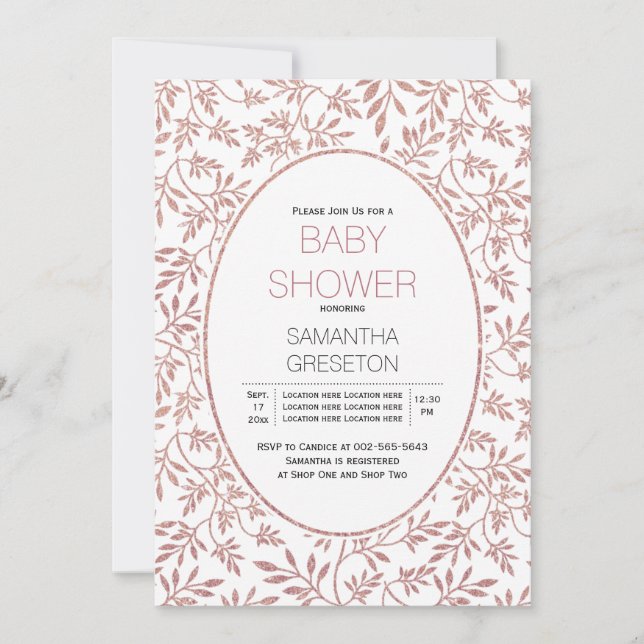 Modern rose gold glitter leaves trendy baby shower invitation (Front)