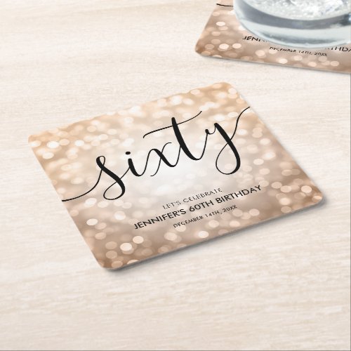 Modern Rose Gold Glitter Lights 60th Birthday  Square Paper Coaster