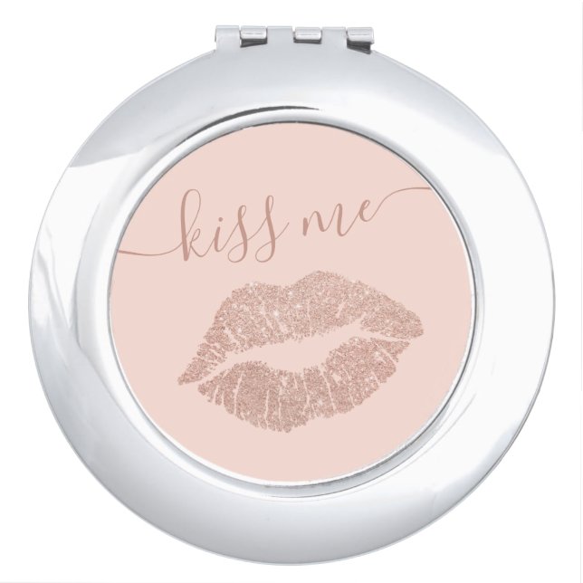 Modern rose gold glitter lips blush pink kiss me compact mirror (Front)