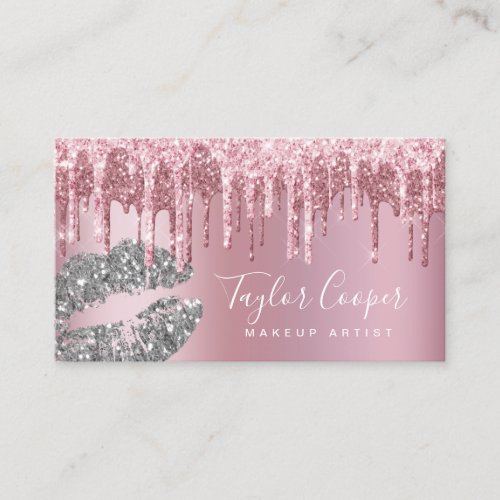 Modern rose gold glitter lips makeup artist  business card