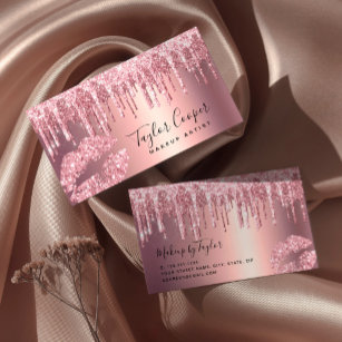 Modern rose gold glitter lips makeup artist  business card