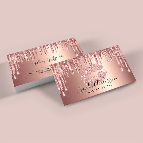 Modern rose gold glitter lips makeup artist  business card