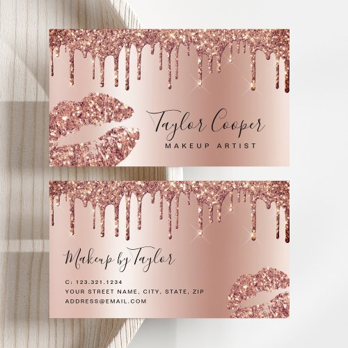 Modern rose gold glitter lips makeup artist business card