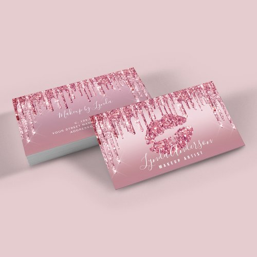 Modern rose gold glitter lips makeup artist  business card